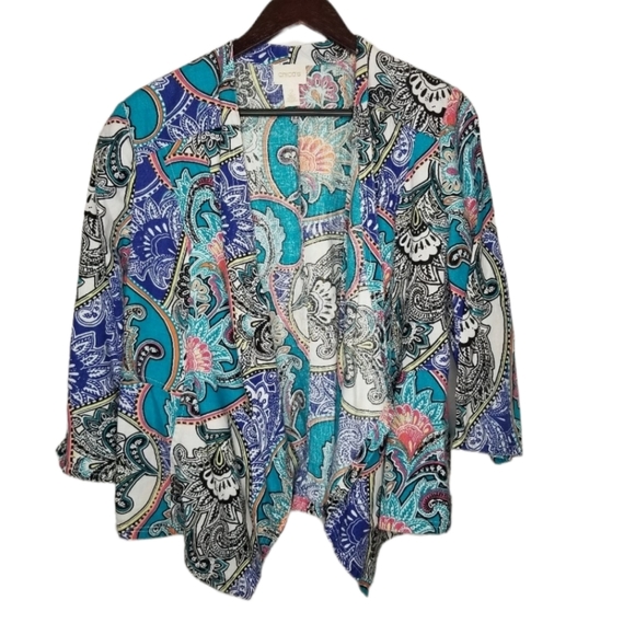 Chico's Sweaters - Chino Teal Paisley Print 100% Linen  Open Cardigan Size 2